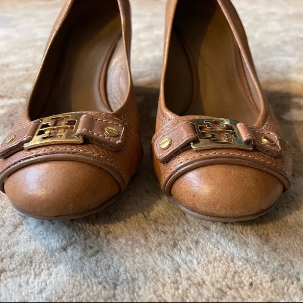 Tory Burch Cognac Leather Wedge Pumps with Gold Logo Accent